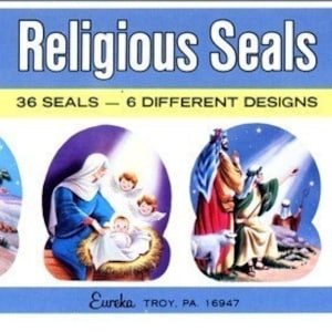 May include: A vintage sheet of religious seals featuring six different designs. The seals depict scenes from the Bible, including the Nativity, the Three Wise Men, and the Flight into Egypt. The sheet is printed on a blue background with yellow text that reads "Eureka Religious Seals, 36 Seals - 6 Different Designs, Made in U.S.A., Eureka TROY, PA. 16947, EU 95532".