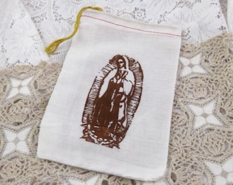 3 Our Lady of Guadlupe Bags (Primitive Design) - Cotton Muslin Drawstring - Hand Printed - Virgen de Guadalupe - Exclusive (DR-022)