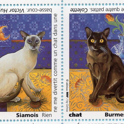 Les Chats (Cats) by Isy Ochoa - Vintage - Artistamps - Faux Postes - 6 Poses - Stickers - Water Activated - Mail Art - OUT OF PRINT (F-Stkr)