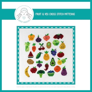 May include: A cross stitch pattern featuring a variety of fruits and vegetables with smiling faces. The pattern includes a watermelon, pineapple, avocado, banana, grapes, cherries, and more.