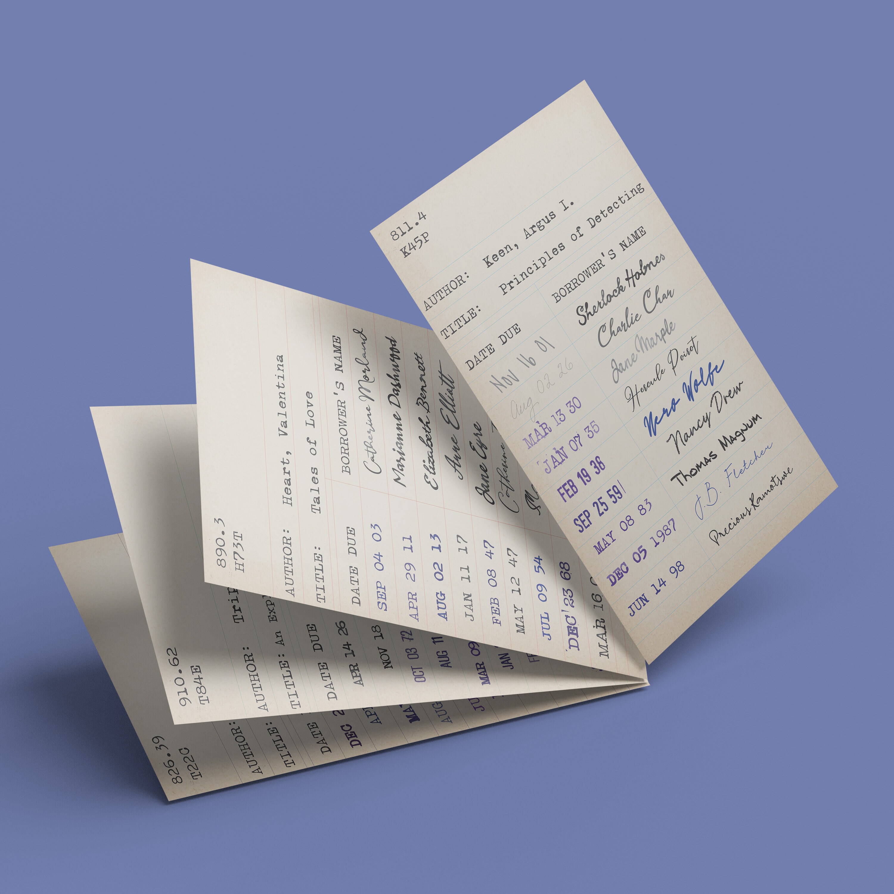 Vintage Library Book Checkout Cards with Fictional Literary Character Signatures