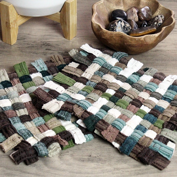 Hand Woven Brown Green Tan Camo Coaster Mug Rug Set