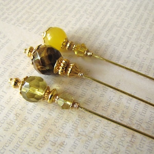 Yellow Jade Hijab Pins, Tigereye Hatpins, Gold Plated Stick Pins