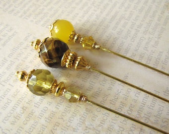 Yellow Jade Hijab Pins, Tigereye Hatpins, Gold Plated Stick Pins