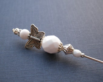 Opaque White Butterfly Beaded Hatpin Stick Pin