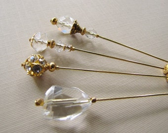 Clear Crystal Hijab Pins, Hatpins, Gold Plated Stick Pins