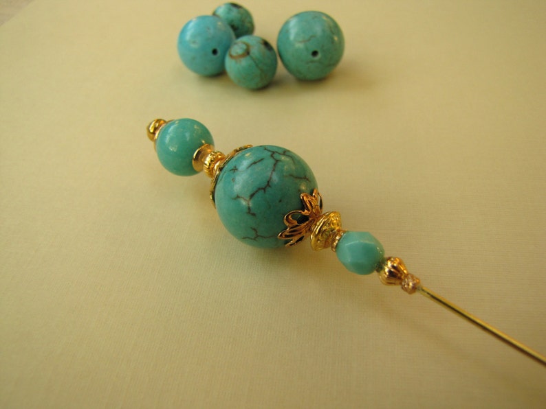 5 Inches, Turquoise Hatpin, Gold Plated Stick Pin image 4