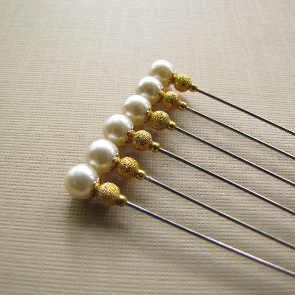 Pearl Hijab Pins, Gold Stardust Bridal Hatpins, Set of 6
