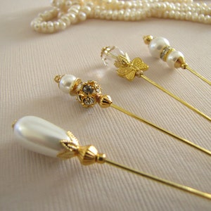 Pearls Clear Crystal Hijab Pins, Hatpins, Gold Plated Stick Pins Wedding