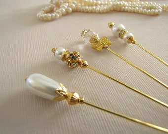 Pearls Clear Crystal Hijab Pins, Hatpins, Gold Plated Stick Pins Wedding