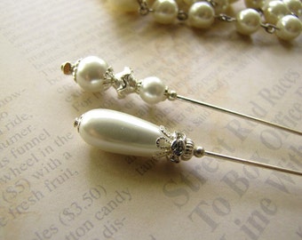 2 White Pearls Hatpins, Hijab Pins, Silver Plated Stick Pins