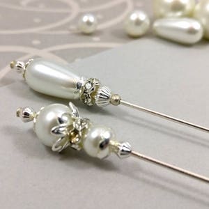 Two White Pearls Hatpins, Pearls Hijab Pins, Silver Plated Stick Pins