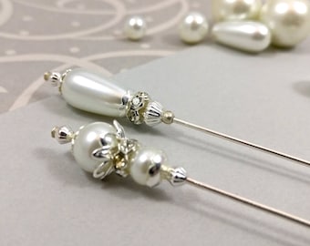 Two White Pearls Hatpins, Pearls Hijab Pins, Silver Plated Stick Pins