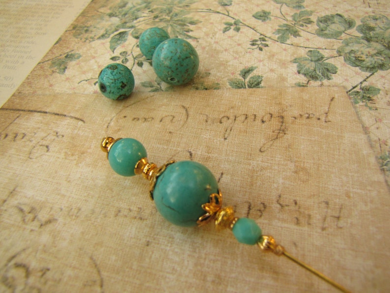5 Inches, Turquoise Hatpin, Gold Plated Stick Pin image 3