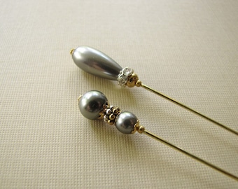 2 Pewter Teardrop Pearl Hatpins, Gold Plated Hijab Pins, Stick Pins