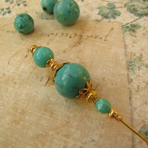 5 Inches, Turquoise Hatpin, Gold Plated Stick Pin image 1