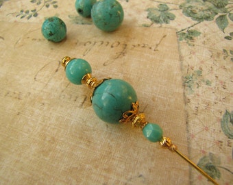 5 Inches, Turquoise Hatpin, Gold Plated Stick Pin