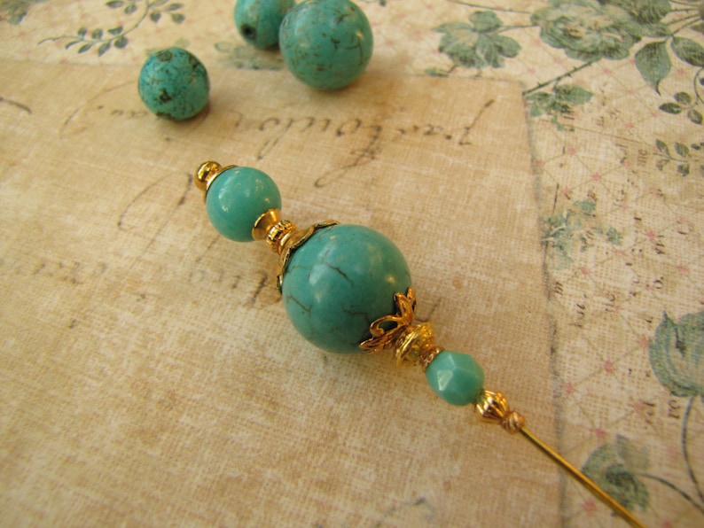 5 Inches, Turquoise Hatpin, Gold Plated Stick Pin image 1