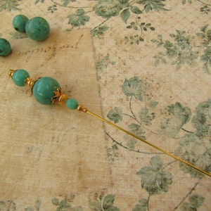 5 Inches, Turquoise Hatpin, Gold Plated Stick Pin image 2
