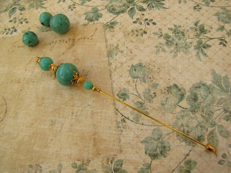 5 Inches, Turquoise Hatpin, Gold Plated Stick Pin image 2