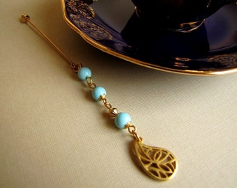 Turquoise Blue Gold Plated Dangle Hijab Pin