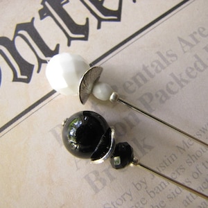 2 Black and White Hatpins,Silver Plated Hijab Pins, Stick Pins