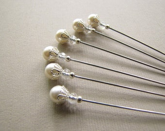 6 Hijab Pins, Hatpins, Bridal Pearl Pins, Decorative pins