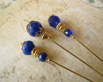 Dark Blue Faceted Gemstone Hijab Pins, Hatpins, Gold Plated Stick Pins