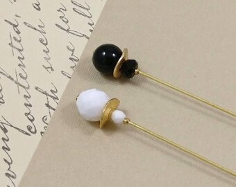 2 Black and White Gold Plated Hatpins, Gold Plated Hijab Pins, Stick Pins