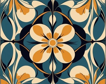 Abstract Floral Digital Art - Mosaic Style in Blue and Orange