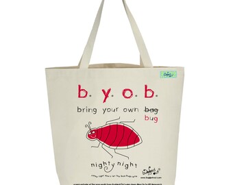 Recycled cotton canvas tote bag with screen printed bedbug design by Bugged Out, hand printed in New York