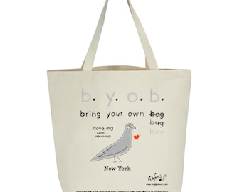 Recycled cotton canvas tote bag with screen printed pigeon design by Bugged Out, hand printed in New York