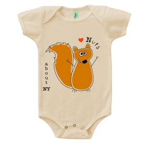 Organic cotton short sleeve baby body with screen printed New York squirrel design by Bugged Out, made in the USA