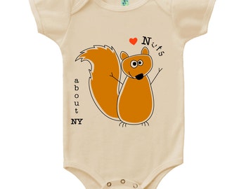 Organic cotton short sleeve baby body with screen printed New York squirrel design by Bugged Out, made in the USA