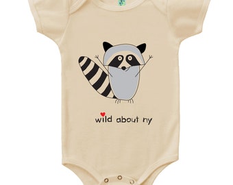 Organic cotton short sleeve baby body with screen printed New York raccoon design by Bugged Out, made in the USA