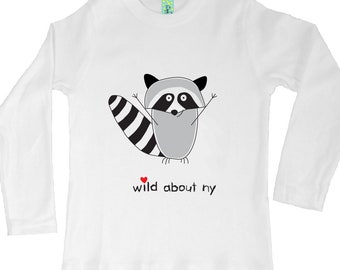 Organic cotton long sleeve kids t-shirt with screen printed raccoon design by Bugged Out, made in the USA