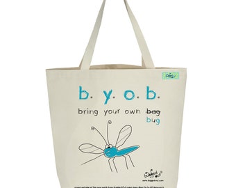 Recycled cotton canvas tote bag with screen printed mosquito design by Bugged Out, hand printed in New York