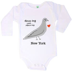 Organic cotton long sleeve baby one piece with screen printed pigeon design by Bugged Out, made in the USA