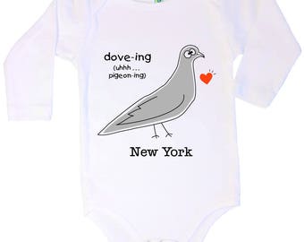 Organic cotton long sleeve baby one piece with screen printed pigeon design by Bugged Out, made in the USA