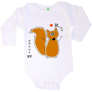 Cotton long sleeve baby body with screen printed squirrel design by Bugged Out, made in the USA