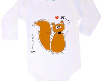 Cotton long sleeve baby body with screen printed squirrel design by Bugged Out, made in the USA