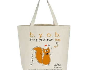 Recycled cotton canvas tote bag with screen printed squirrel design by Bugged Out, hand printed in New York