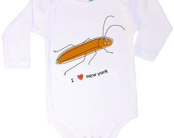 Organic cotton long sleeve baby body with screen printed I heart NY cockroach design by Bugged Out, made in the USA