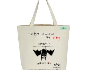 Recycled cotton canvas tote bag with screen printed bat design by Bugged Out, hand printed in New York