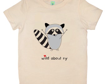 Organic cotton short sleeve children's T-shirt with screen printed raccoon design by Bugged Out, made in the USA