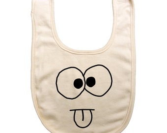 Organic cotton baby reversible bib with screen printed yukky face design on the front and yuk yuk on the back by Bugged Out, made in the USA