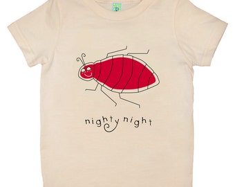 Organic cotton short sleeve kids T-shirt with screen printed bedbug design by Bugged Out, made in the USA