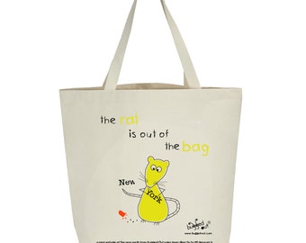 Recycled cotton canvas tote bag with screen printed rat design by Bugged Out, hand printed in New York