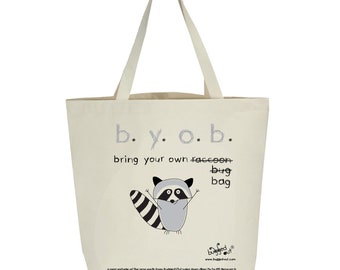 Recycled cotton canvas tote bag with screen printed raccoon design by Bugged Out, hand printed in New York