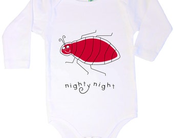 Organic cotton long sleeve infant one piece with screen printed nighty night bedbug design by Bugged Out, made in the USA